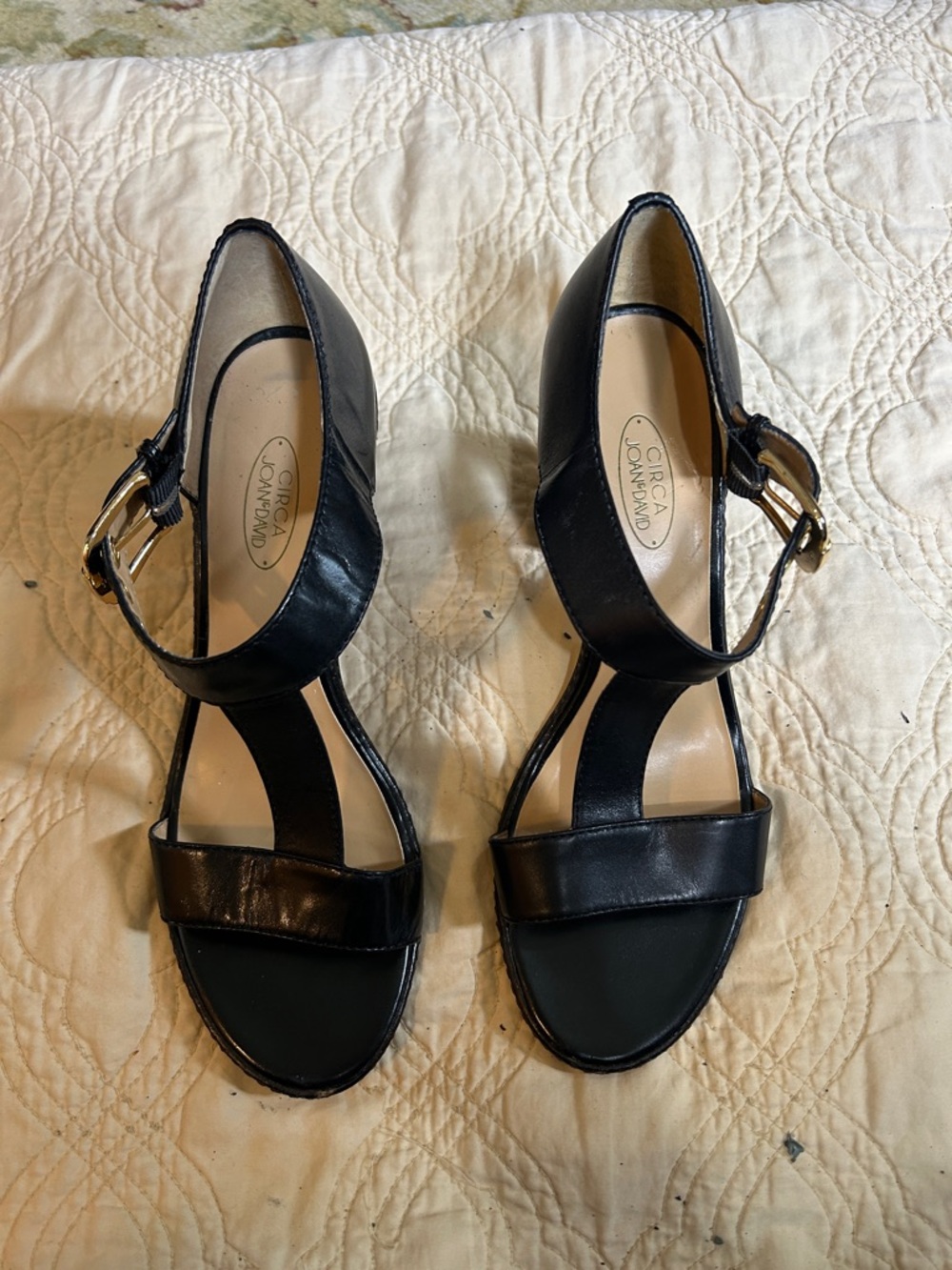 Joan & David Black Leather T-Strap Heels with Ankle Buckle